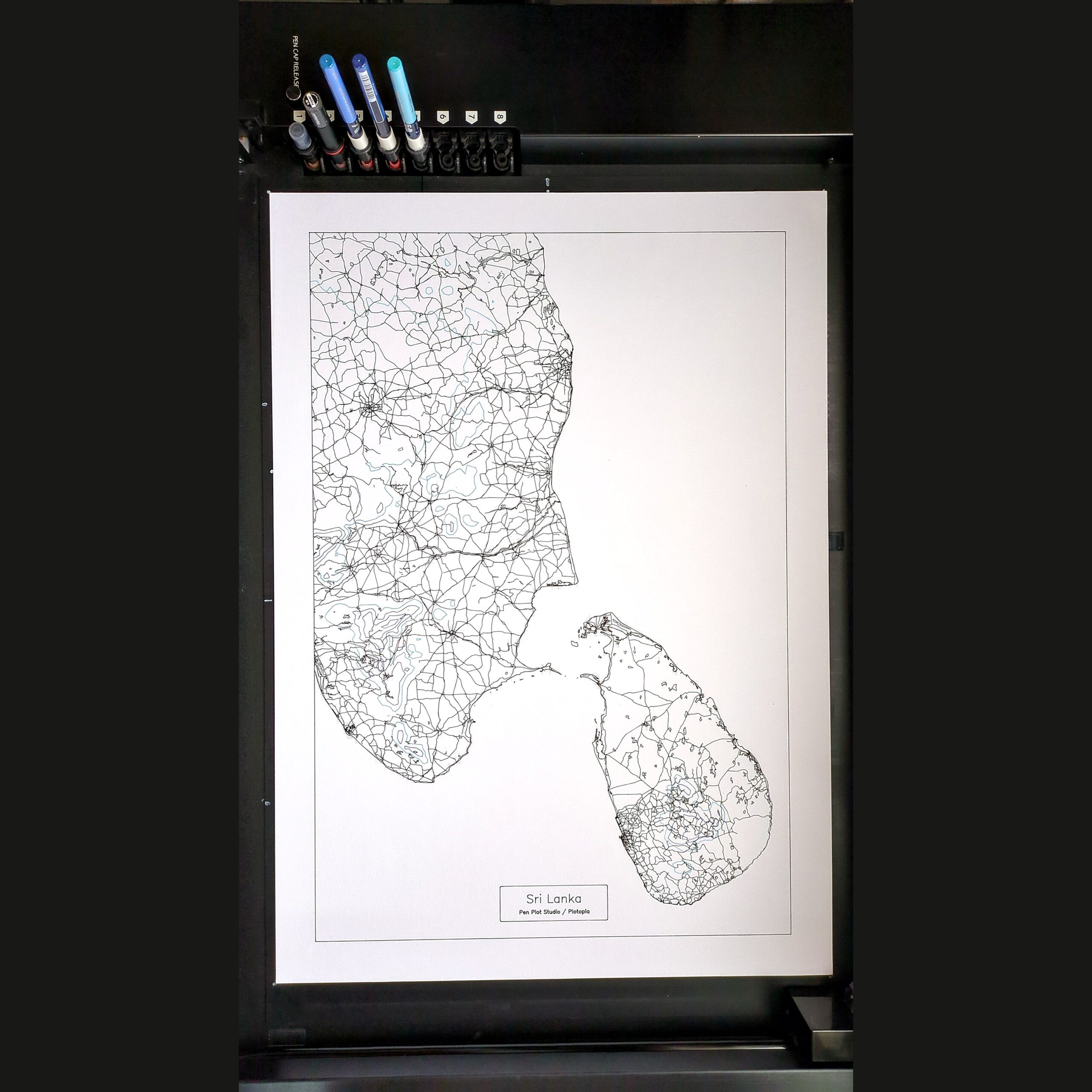 Sri Lanka on dpx Pen plotted map of the island of Sri Lanka and southern India on the Roland DPX-2200 pen plotter.