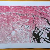 Tokyo Red Black Full Top down view of A3 sized paper pen plot of Tokyo streets.