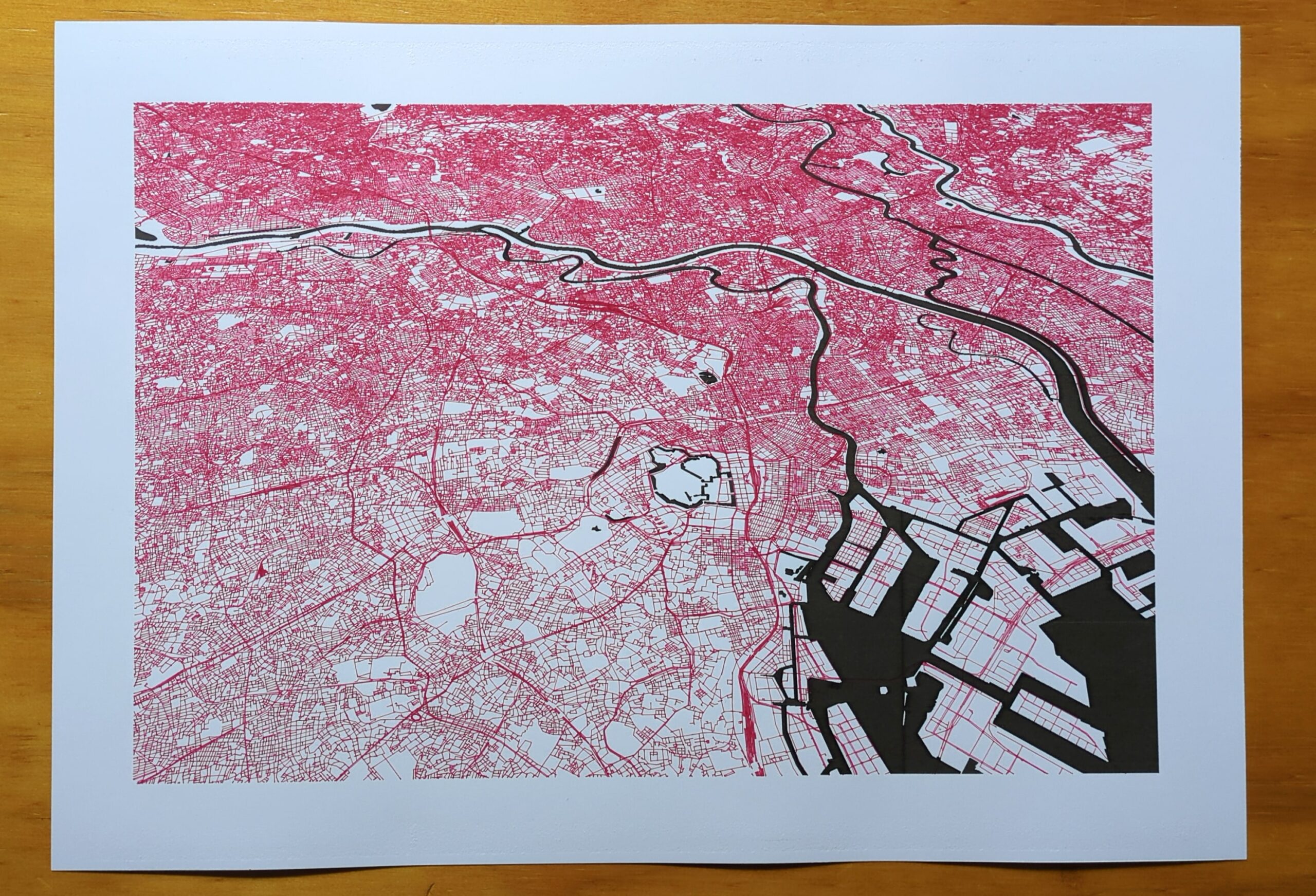 Tokyo Red Black Full Top down view of A3 sized paper pen plot of Tokyo streets.