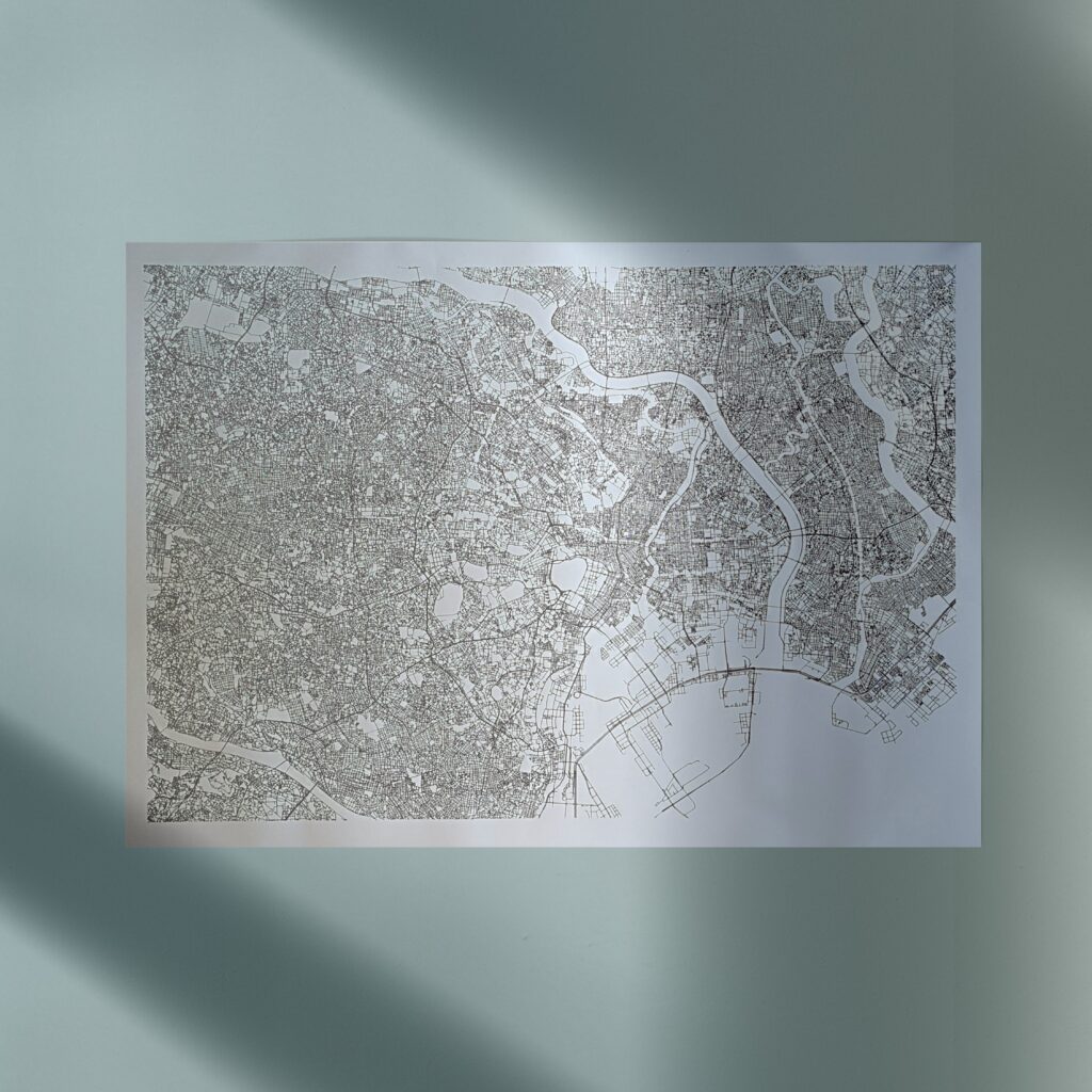 Pen plotted map of Tokyo hanging on a wall (mock up)