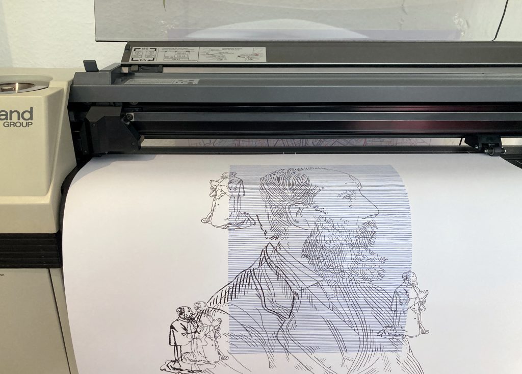 A Roland GRX-300AG pen plotter with a finished test plot. Design made by Gianluca.