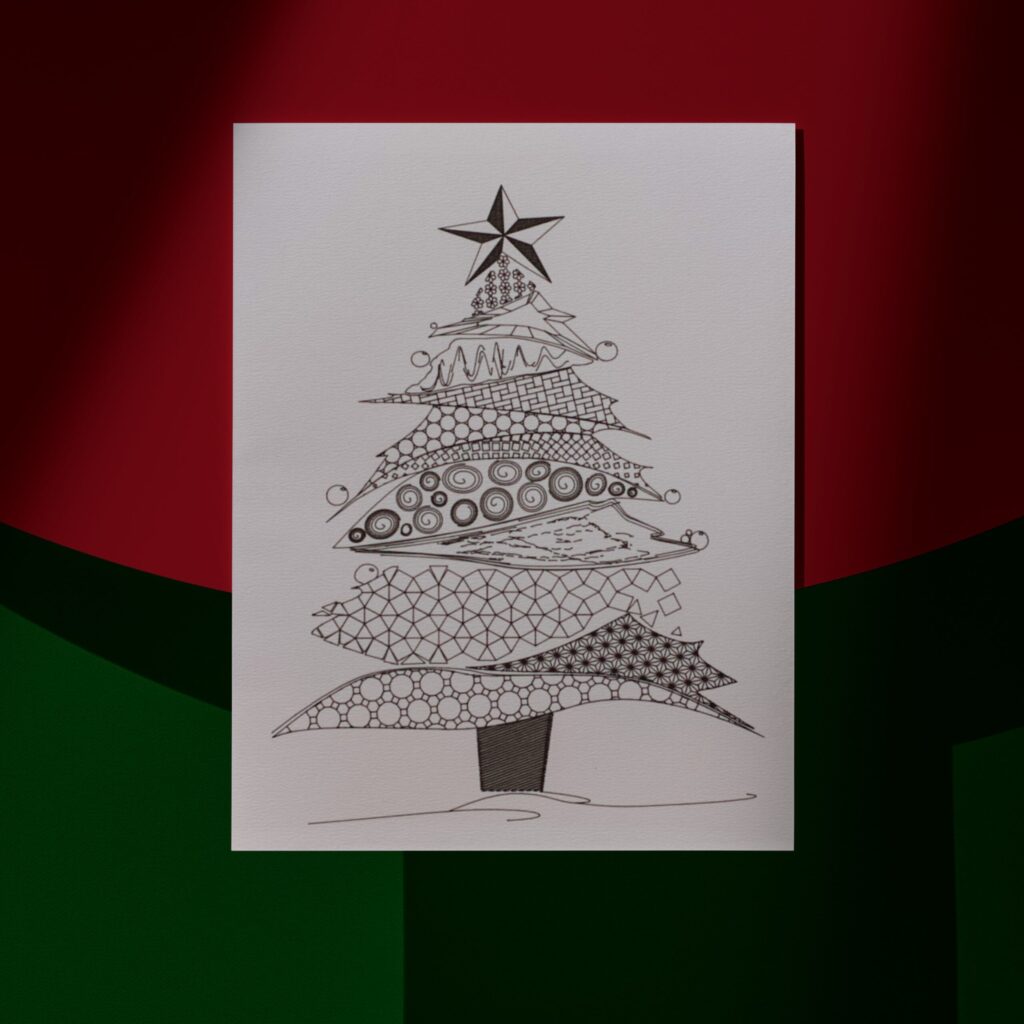 Pen plotted line drawing of a Christmas tree on a A5 sized card.